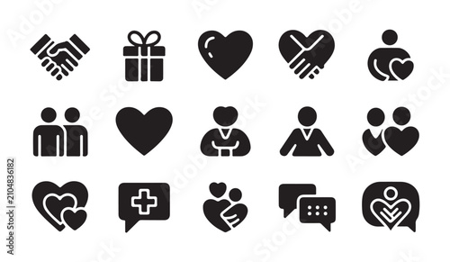 Charity and community support icons featuring heart shapes people figures handshake and gift box for social care.