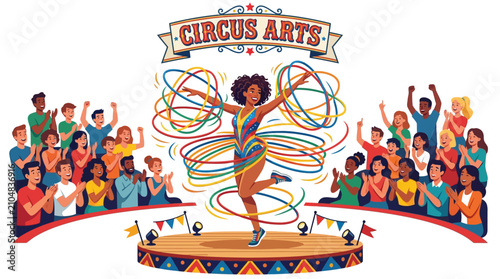 A talented female acrobat performer displaying energetic hula hoop skills on a circus stage before a cheering audience in a vibrant festive spectacle