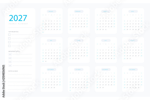 2027 Minimal Yearly Planner Calendar, Printable Annual Organizer with Monthly Calendar, Priorities, Notes and Important Dates