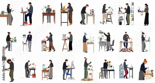Large set of flat vector illustrations depicting various people working from home, using standing desks, and engaging in different creative and office tasks.