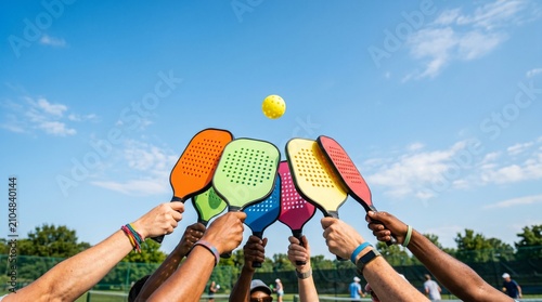 A vibrant lifestyle scene featuring diverse friends raising colorful pickleball paddles under the sun