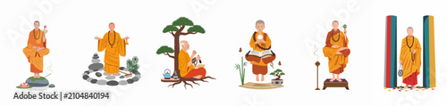 Canvastavla Set of Illustrative Buddhist Monks in Various Spiritual Practices and Peaceful Zen Settings Including Meditation, Tea Ceremony, and Rock Garden