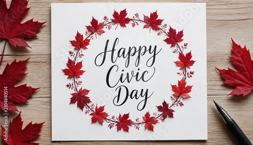 Happy Civic Day greeting card on wooden background, red maple leaf wreath with calligraphy text, Canadian holiday celebration concept