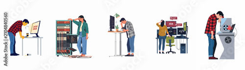 Canvastavla Set of exhausted IT professionals and programmers facing syntax errors, server failure, and workplace stress in a modern flat design illustration