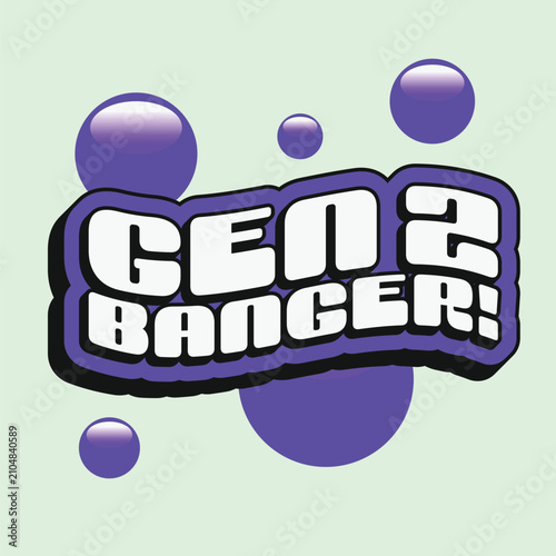 Bold Wavy Y2K Style Typography of 'Gen Z Banger' in White Color with Purple Bold Outlines and Glossy Bubbles at Behind the Text, Light Cyan Backdrop