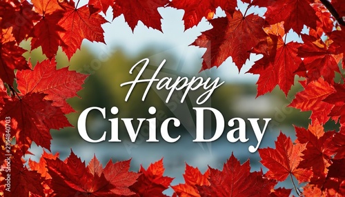 Happy Civic Day greeting card, vibrant red maple leaf frame, seasonal holiday celebration banner with autumn foliage and blurred nature background