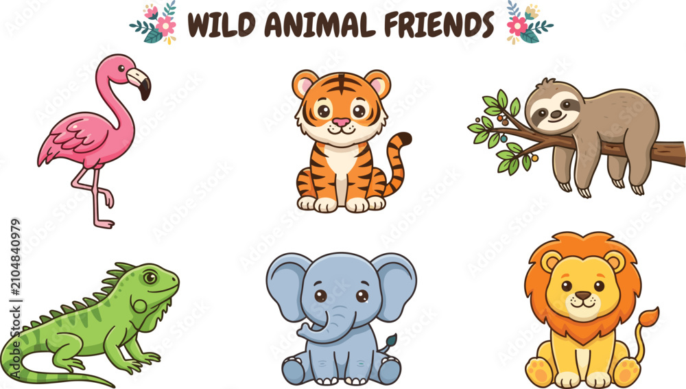 Obraz premium Cute Wild Animal Friends Cartoon Vector Collection Featuring Flamingo, Tiger, Sloth, Iguana, Elephant, and Lion for Kids Designs
