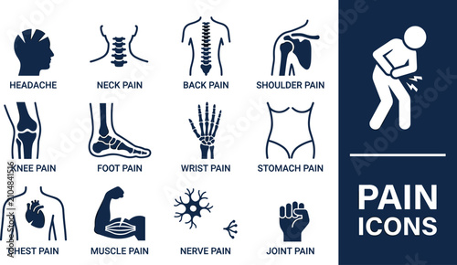 Medical pain icons set showing headache, back pain, joint pain, muscle pain, and other body aches, healthcare concept, vector illustration