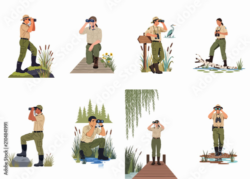 Fotografía Collection of park ranger and wildlife observer characters using binoculars in nature settings like wetlands, forests, and lakes for birdwatching and exploration
