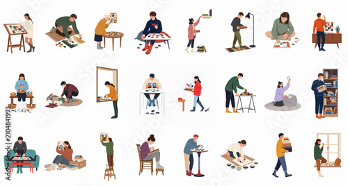 Obraz na płótnie Large collection of diverse people enjoying the relaxing and mentally stimulating hobby of assembling jigsaw puzzles in various home settings