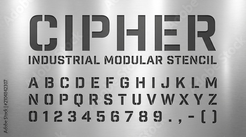 Industrial Stencil Alphabet and Numeric Set on Metallic Surface