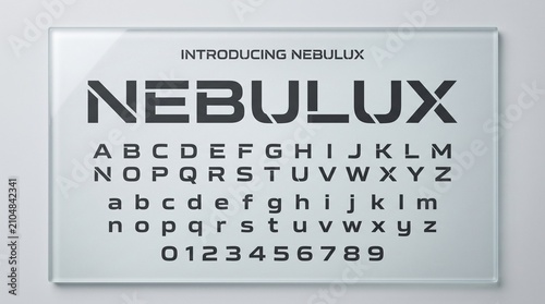 Modern Futuristic Sans Serif Font Set Display on Frosted Glass