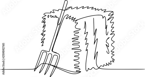 Tableau sur toile 白い背景に干し草の俵へ刺さった熊手の一筆書き線画