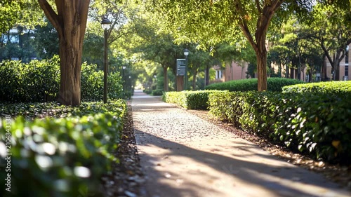 Sunny Park Pathway with Green Trees and Hedges