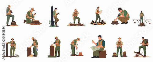 Billede på lærred Collection of male forest rangers and environmental inspectors conducting field work, surveying deforestation, and monitoring forest health in various outdoor activities