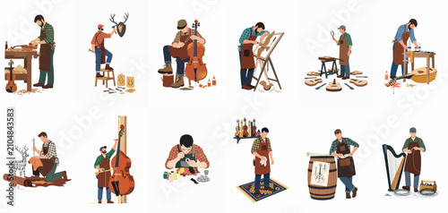 Canvastavla Collection of skilled artisans and craftsmen working on musical instruments, wood carving, leather crafts, and various manual trades in their workshops