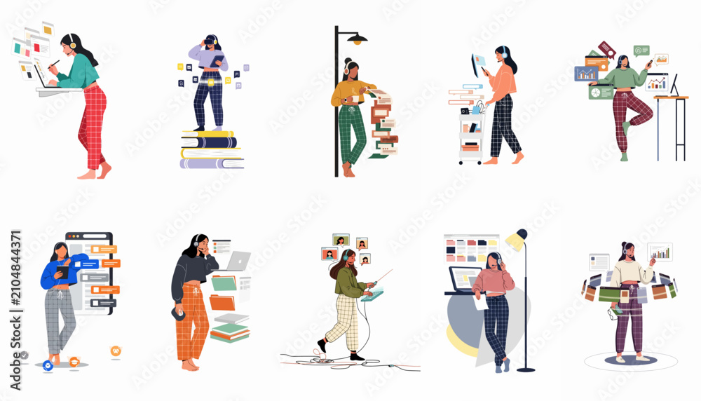 Fototapeta premium Set of modern illustrations depicting women working from home, studying online, and using various digital technologies in a relaxed home environment.