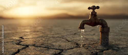 A faucet drip on dry cracked earth.