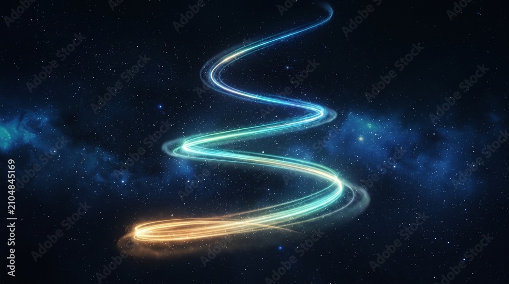 Obraz premium Abstract glowing light trail spiraling upward against a starry deep space galaxy background