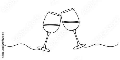 Fotografie Two wine glasses clinking together in a continuous single line drawing illustrat