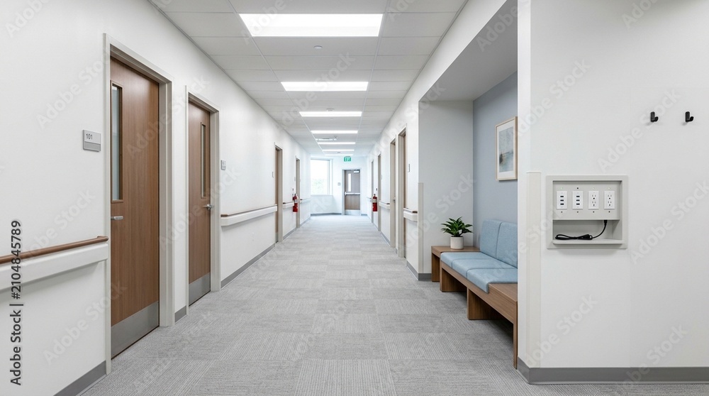 Fototapeta premium Clinic corridor fitted with a rest area featuring a low bench and phone charging station