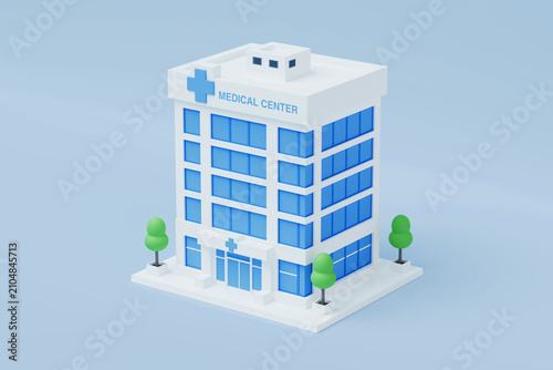 Healthcare Infrastructure, Hospital Services, Patient Care, Medical Access And Urban Wellness Concept. Isometric Medical Center Building With Blue Windows And Trees On Blue Background. 3d Rendering
