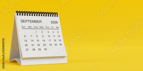 White Desk Monthly September 2026 Business Calendar. 3d Rendering
