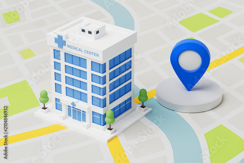 Healthcare Navigation, Hospital Location, Medical Access, Emergency Mapping And Patient Route Planning Concept. Medical Center Beside Blue Location Pin On Stylized City Map Background. 3d Rendering