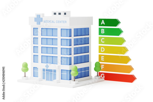 Healthcare Energy Efficiency, Sustainable Hospital Operations, Environmental Compliance And Cost Reduction Concept. Medical Center Beside A To G Efficiency Scale. 3d Rendering