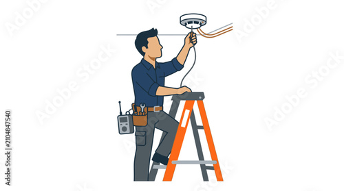 Electrician Installing Smoke Detector Vector Illustration