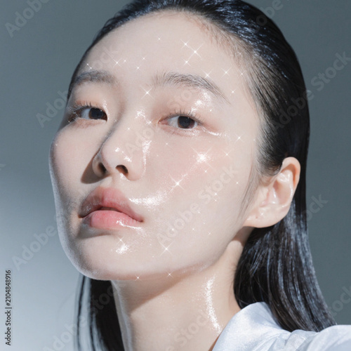 Beautiful young woman with healthy skin on color background