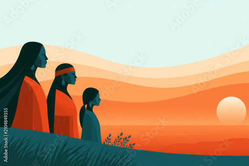 Three Indigenous Women Standing Together at Sunset Landscape