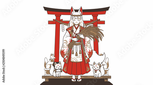 Traditional Japanese Shinto shrine guardian fox statues with sacred scrolls and flames.
