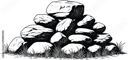 Photography A stack of natural stones and rocks surrounded by grass in black and white