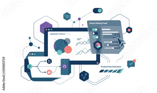 Premium Smart Editing Panel Vector Illustration - Engagement Metrics Dashboard, DevOps Workflow, Git Branching Productivity Indicators Modern Line Art Concept