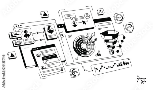 Premium Isometric Sales Funnel Vector Illustration - Customer Journey, Lead Conversion Analytics, Live Chat UI  Performance KPI Dashboard Line Art Concept