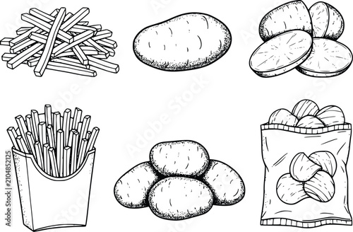 Hand drawn collection of potatoes and potato products like fries and chips