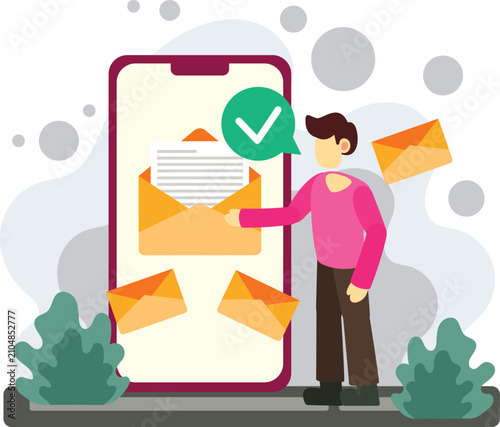 Boy checking email message on smartphone screen illustration
