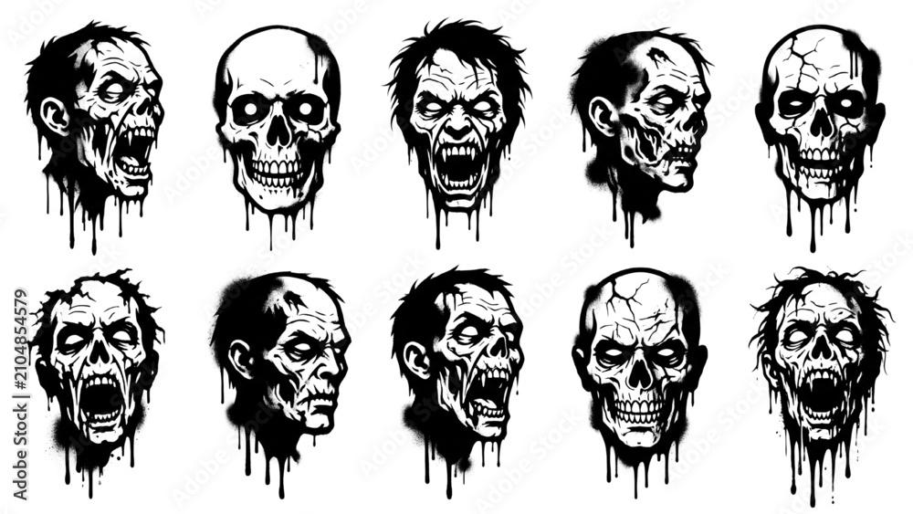Fototapeta premium A collection of ten horrifying zombie heads, depicted in a graphic, illustrative style with dripping effects