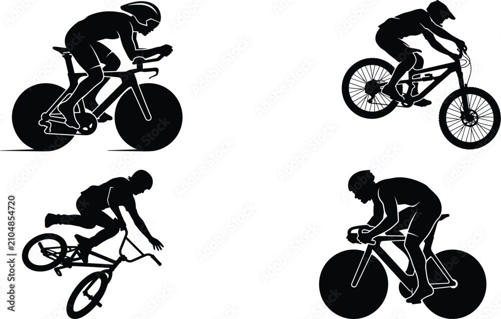 Obraz premium Set of Cycling Silhouettes Featuring Road Racing Mountain Biking and Extreme BMX Stunt Riders