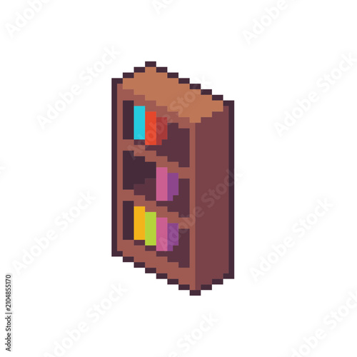 Wooden Book Nook with Some of Books Stacked in Isometric View, Pixel Art Icon, Isolated
