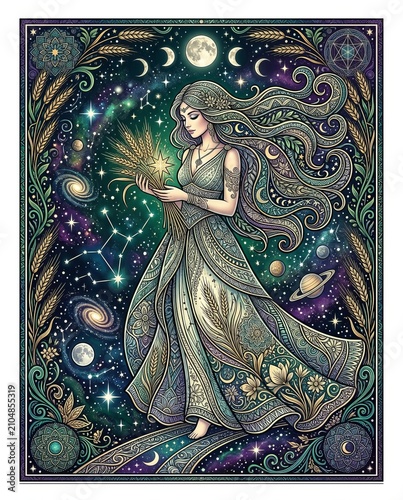 Goddess Holding Wheat in Cosmic Night Sky Art