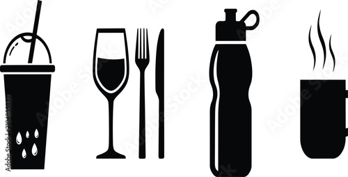 Fotografía Beverage and Dining Silhouette Icon Set with Cold Drink Water Bottle Coffee Mug