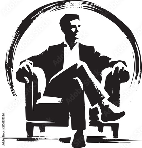 Sumi-e style illustration of a man relaxing in an armchair conte