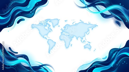 Abstract Global Map with Blue Waves Background