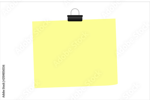 Blank Yellow Sticky Note with Black Binder Clip Isolated on White Background – Minimal Memo Paper Mockup