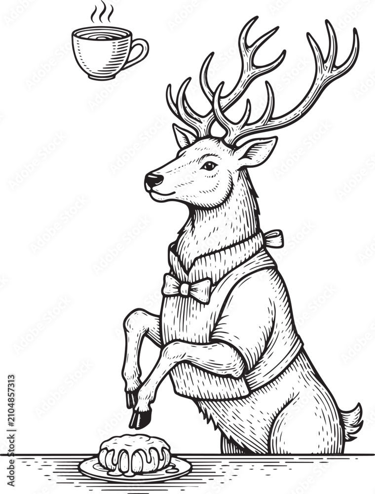 Fototapeta premium Engraved deer illustration, enjoying a delightful break with cak