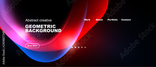 Abstract geometric background features vibrant colors, flowing shapes, text elements, navigation menu. Modern design suitable website header.