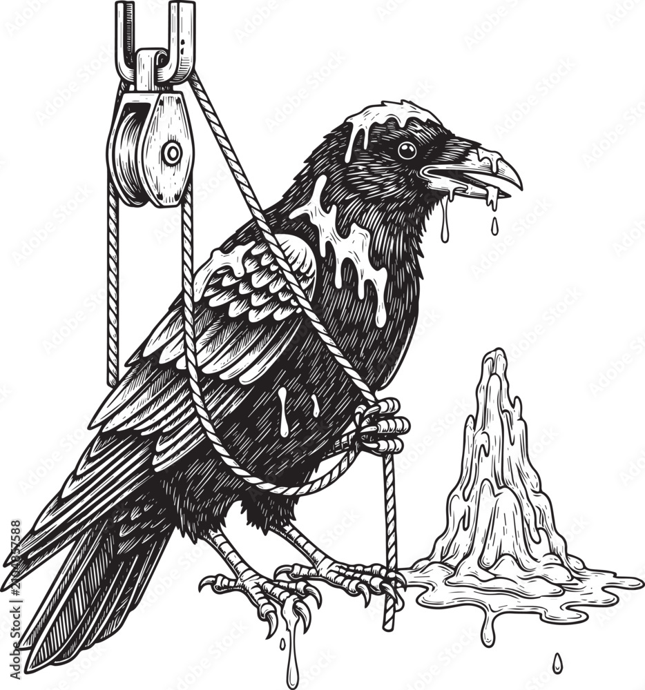 Obraz premium Monochrome etching of a raven entwined in rope with melting wax