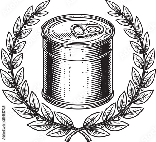 Engraved canned food illustration with wreath border, nutrition